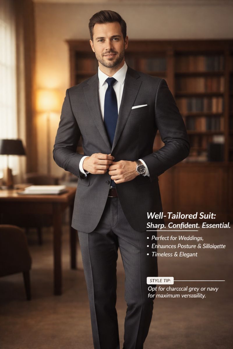 Man wearing a well-tailored charcoal grey suit with a white shirt and navy tie in a professional office setting, showcasing classic men’s formal style.