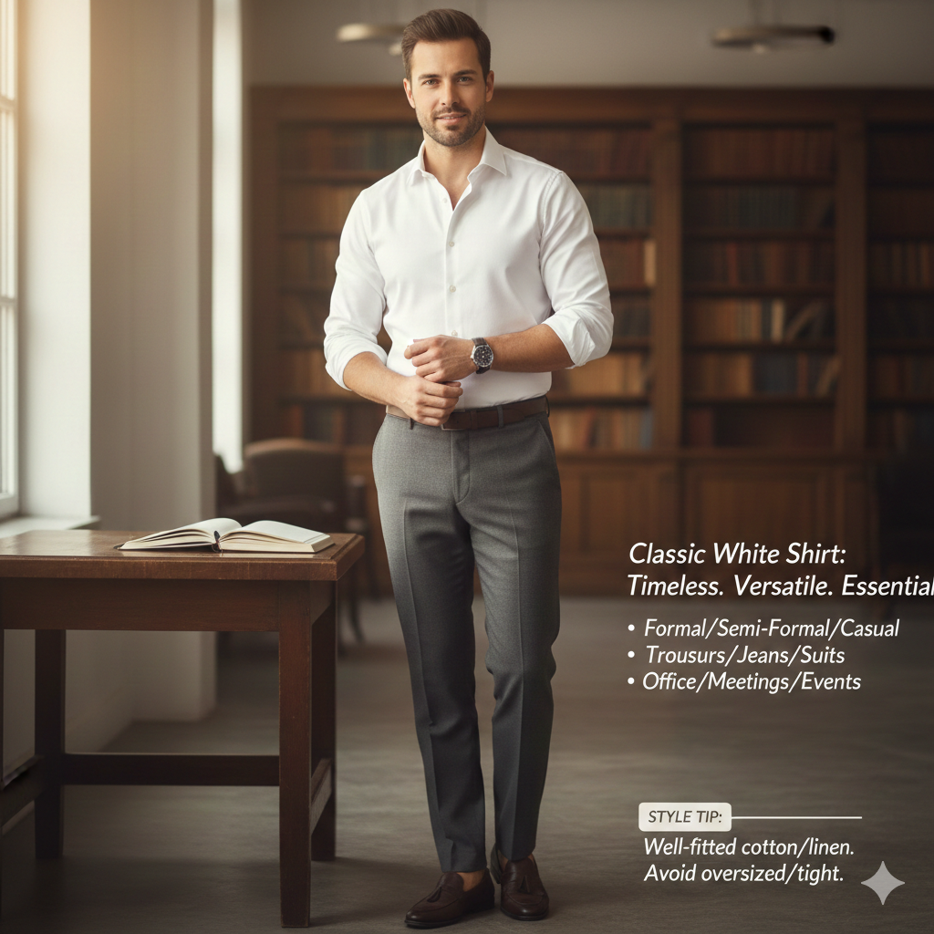 Man wearing a classic white shirt paired with grey trousers, styled in a modern office setting, showcasing timeless men’s fashion.